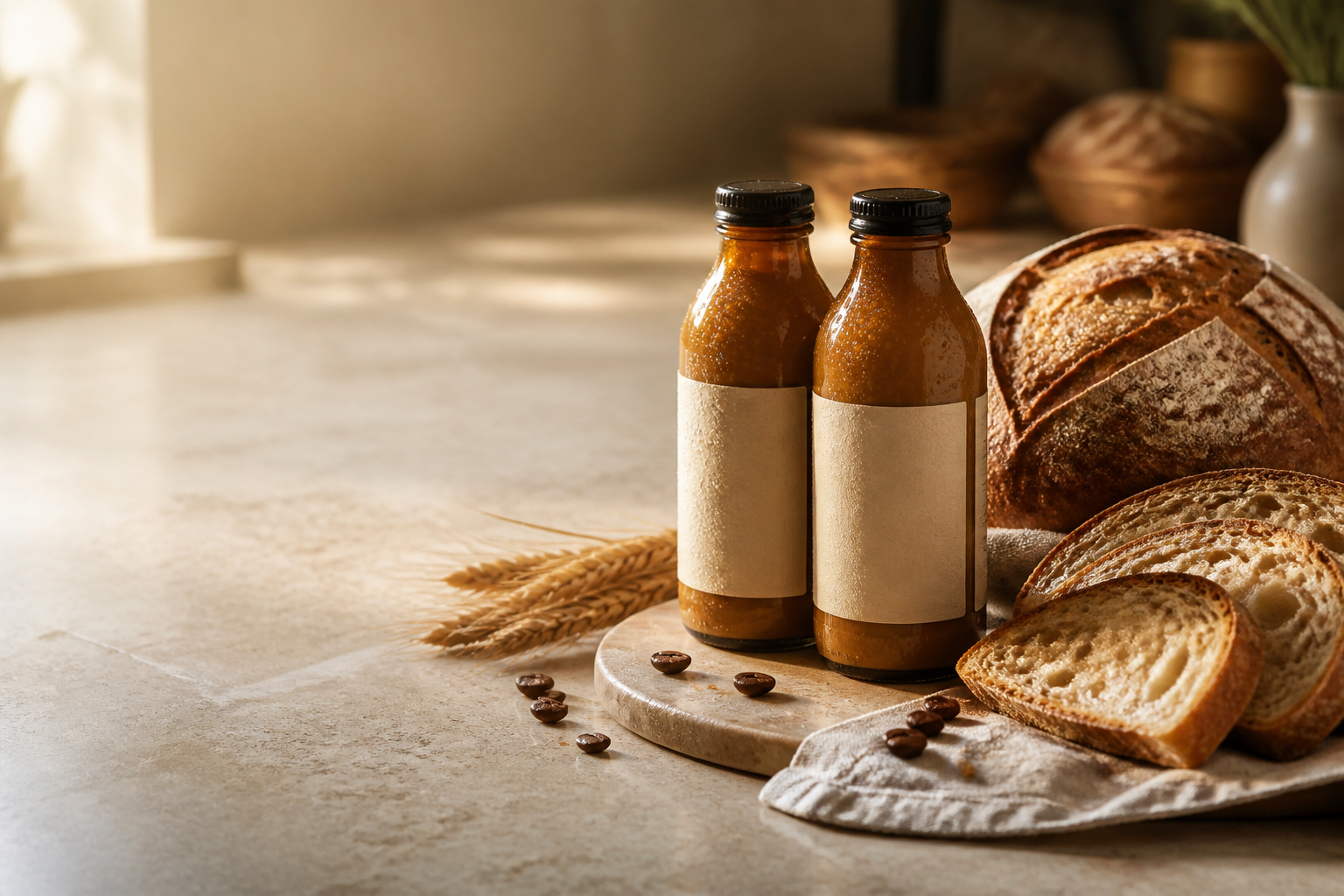 Bottled coffee and artisan sourdough in warm morning light
